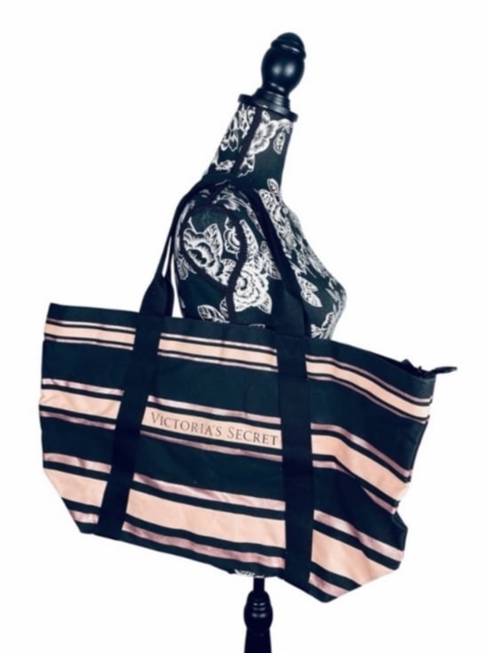 VS pink metallic & black large striped full zip canvas travel tote size XL